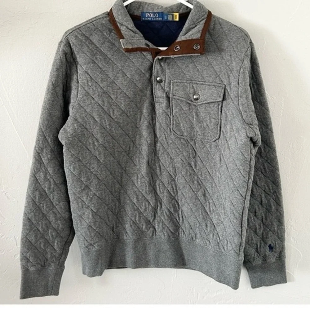 🔥 POLO Ralph Lauren Quilted‎ SYNCHILLA 4 Snap Pullover Sweater - Charcoal Grey